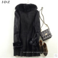 Black Lady&#39;s Shearing Leder und Pelz Jacke Long Style Fuchspelz